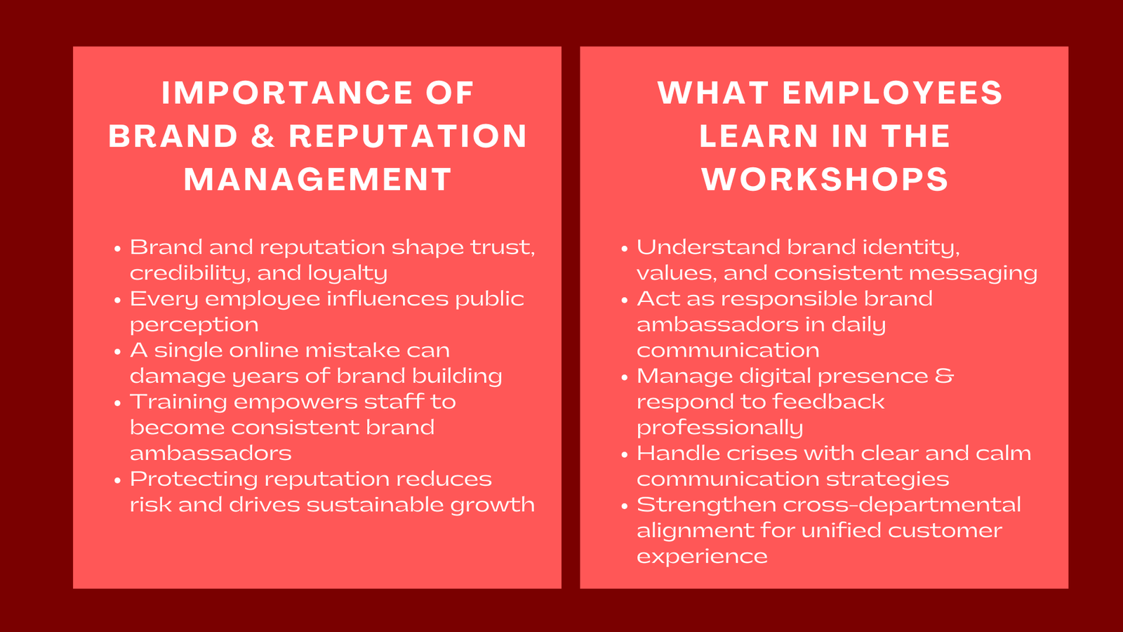 Brand and Reputation Management Professional Development Workshops for Staff