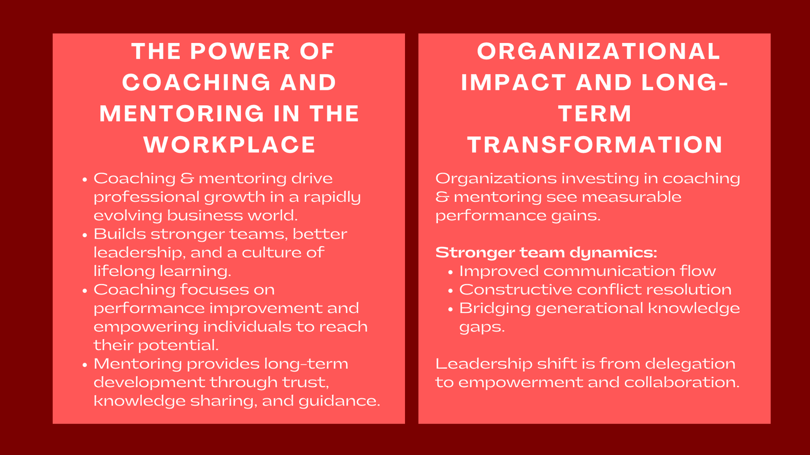 Coaching and Mentoring Skills Professional Development Workshops for Staff